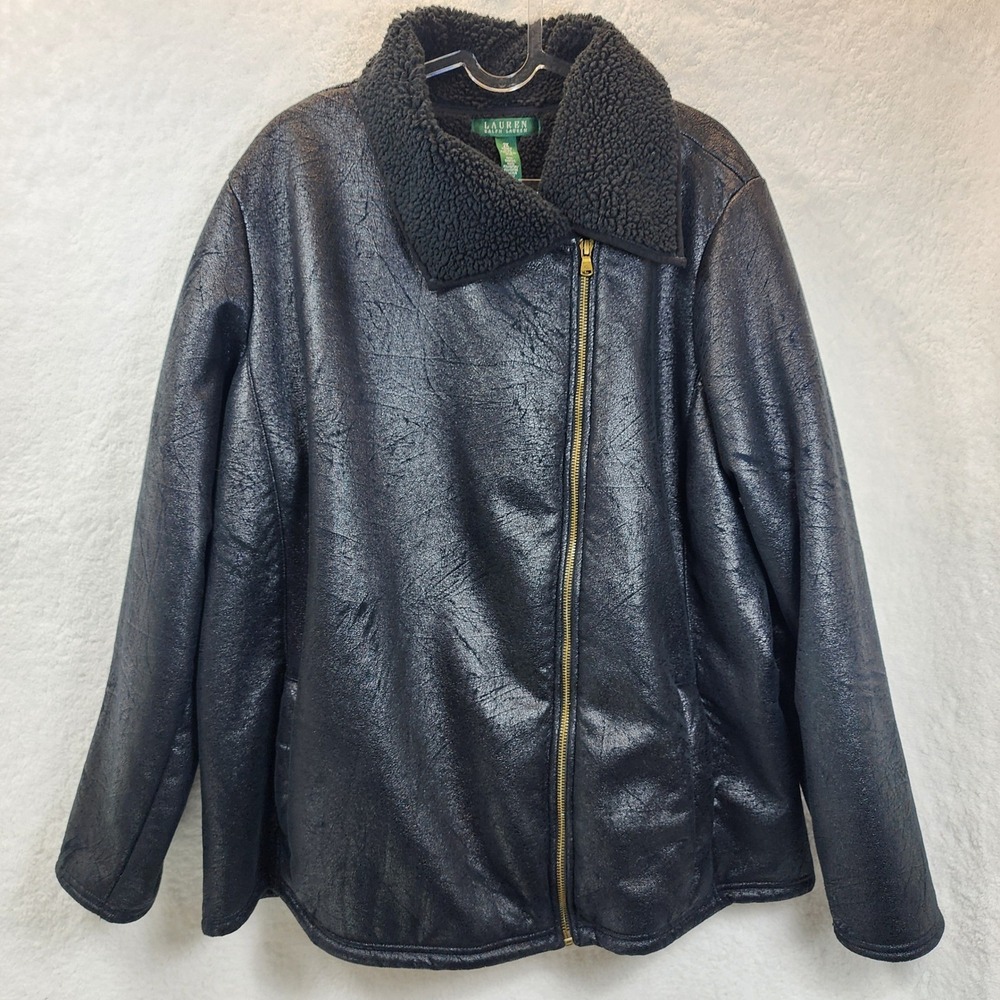 Lauren Ralph Lauren Moto Jacket Womens Plus 2X Black Sherling Lined Winter Zip